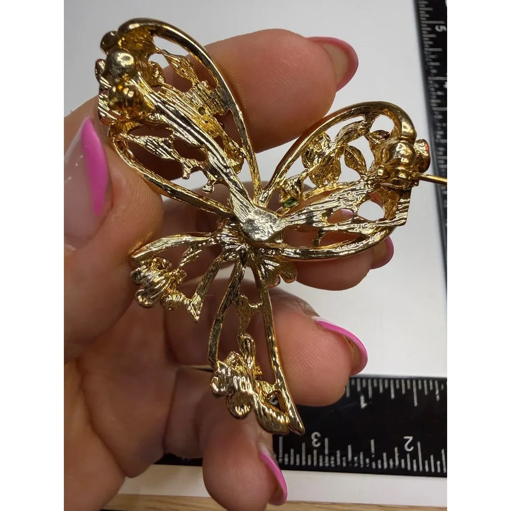 Gold Tone Floral Bow Brooch Purple Red Enamel Rhinestone Ribbon Pin Accessory